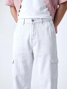 QuarKem Men Casual Solid Flap Pocket Side Cargo Jeans - White - View 3