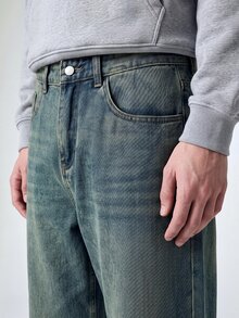 QuarKem 宽松男士斜口袋阔腿牛仔裤纯色深蓝色长款破洞宽松深色洗水牛仔裤工装牛仔裤，适合送给老公、男朋友的礼物 - 中等水洗藍 - 查看 3