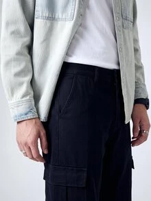 QuarKem 男裝日常口袋側面貨物牛仔褲 - 黑色 - 查看 6