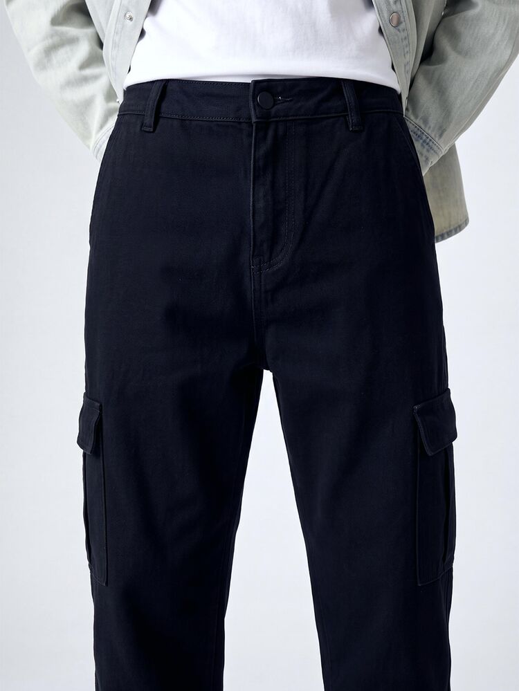 Manfinity Homme Jeans de carga con bolsillo de solapa lateral para hombre para uso diario - Negro - Añade 5