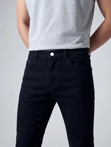 QuarKem Men's Pocket Skinny Casual Denim Solid Color Jeans - Black - View 5
