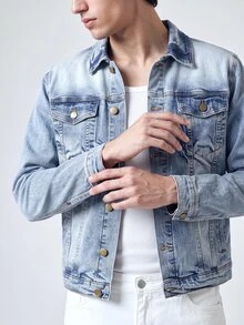 QuarKem 男士休闲纯色牛仔单排扣夹克长袖秋季外出男友礼物 - 藍色 - 查看 7