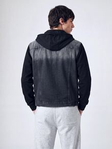 QuarKem 男式撞色前纽扣连帽领口袋长袖牛仔夹克 - 黑色 - 查看 2