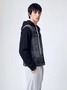 QuarKem 男式撞色前纽扣连帽领口袋长袖牛仔夹克 - 黑色 - 查看 6
