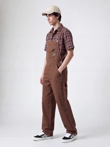 QuarKem Men's Solid Color Patch Pocket Casual All-Match Sleeveless Denim Overalls - Brown - View 3