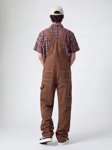 QuarKem Men's Solid Color Patch Pocket Casual All-Match Sleeveless Denim Overalls - Brown - View 2