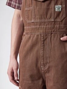QuarKem Men's Solid Color Patch Pocket Casual All-Match Sleeveless Denim Overalls - Brown - View 4