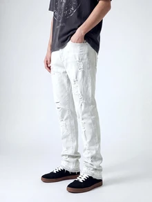 QuarKem Men's Front Button Pocket Ripped Minimalist Casual Pants, Everyday Casual - White - View 3