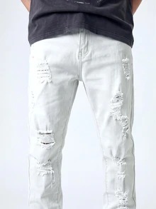 QuarKem Men's Front Button Pocket Ripped Minimalist Casual Pants, Everyday Casual - White - View 5