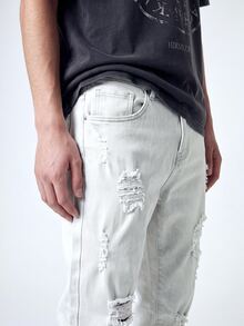 QuarKem Men's Front Button Pocket Ripped Minimalist Casual Pants, Everyday Casual - White - View 4