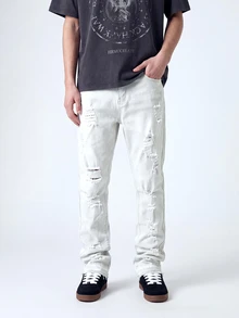 QuarKem Men's Front Button Pocket Ripped Minimalist Casual Pants, Everyday Casual - White - View 6