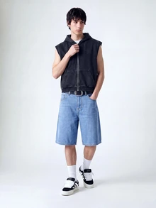 Manfinity Hypemode 男士前扣口袋简约休闲牛仔阔腿短裤 - 中等水洗藍 - 查看 6