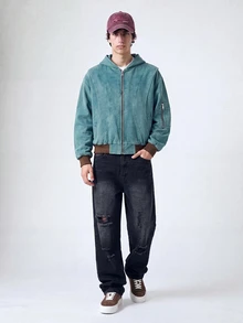 QuarKem 男士休闲破洞口袋简约牛仔裤，适合日常穿着 - 黑色 - 查看 1