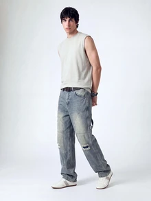 QuarKem Men's Ripped Pocket Casual Denim Jeans, Everyday Wear - Blue - View 3