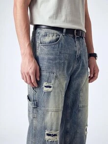 QuarKem Men's Ripped Pocket Casual Denim Jeans, Everyday Wear - Blue - View 7