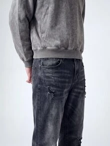 QuarKem 男士休闲日常水洗街头风格破洞喇叭牛仔裤破洞牛仔裤男士设计师牛仔裤男士哥特式牛仔裤黑色水洗牛仔裤，emo风格 - 黑色 - 查看 6