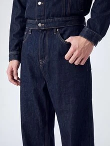 QuarKem Conjunto de 2 piezas de mezclilla azul oscuro para hombre, chaqueta casual y pantalones de corte holgado, conjunto de mezclilla de primavera/otoño para hombre, jeans holgados - Azul lavado oscuro - Ver 5