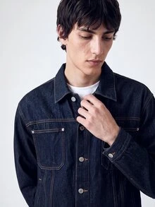 QuarKem Conjunto de 2 piezas de mezclilla azul oscuro para hombre, chaqueta casual y pantalones de corte holgado, conjunto de mezclilla de primavera/otoño para hombre, jeans holgados - Azul lavado oscuro - Ver 3