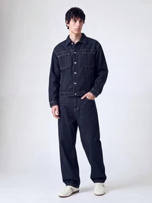 QuarKem Conjunto de 2 piezas de mezclilla azul oscuro para hombre, chaqueta casual y pantalones de corte holgado, conjunto de mezclilla de primavera/otoño para hombre, jeans holgados - Azul lavado oscuro - Ver 1