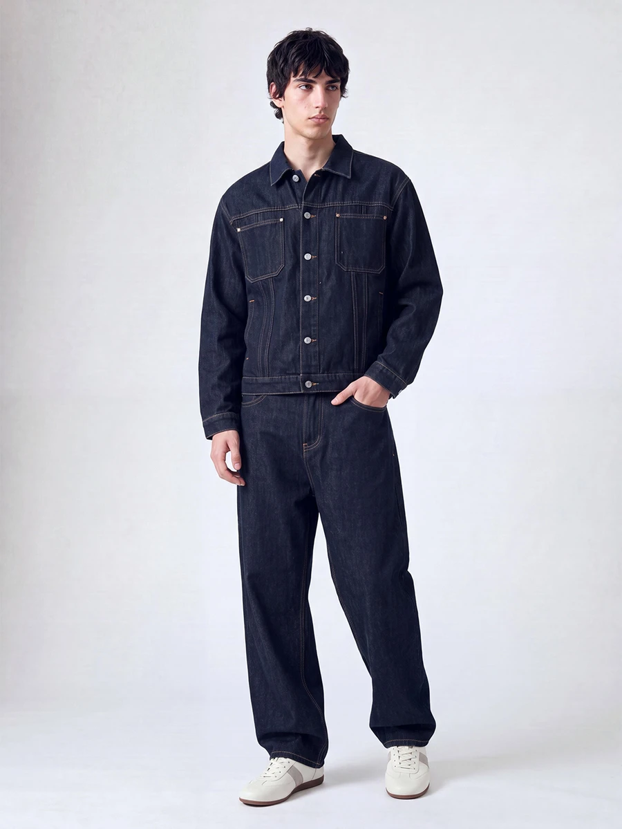 QuarKem Conjunto de 2 piezas de mezclilla azul oscuro para hombre, chaqueta casual y pantalones de corte holgado, conjunto de mezclilla de primavera/otoño para hombre, jeans holgados - Azul lavado oscuro - Ver 1