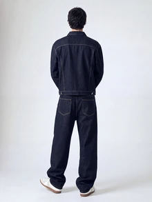 QuarKem Conjunto de 2 piezas de mezclilla azul oscuro para hombre, chaqueta casual y pantalones de corte holgado, conjunto de mezclilla de primavera/otoño para hombre, jeans holgados - Azul lavado oscuro - Ver 2