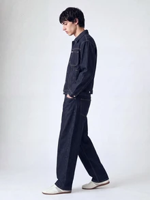 QuarKem Conjunto de 2 piezas de mezclilla azul oscuro para hombre, chaqueta casual y pantalones de corte holgado, conjunto de mezclilla de primavera/otoño para hombre, jeans holgados - Azul lavado oscuro - Ver 4