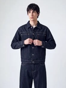 QuarKem Conjunto de 2 piezas de mezclilla azul oscuro para hombre, chaqueta casual y pantalones de corte holgado, conjunto de mezclilla de primavera/otoño para hombre, jeans holgados - Azul lavado oscuro - Ver 6