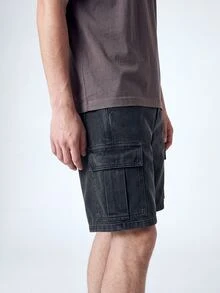 QuarKem 男士夏季休闲时尚街头日常通勤翻盖口袋牛仔短裤 - 灰色 - 查看 4