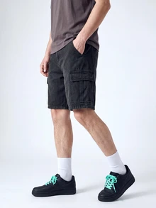 QuarKem 男士夏季休闲时尚街头日常通勤翻盖口袋牛仔短裤 - 灰色 - 查看 6