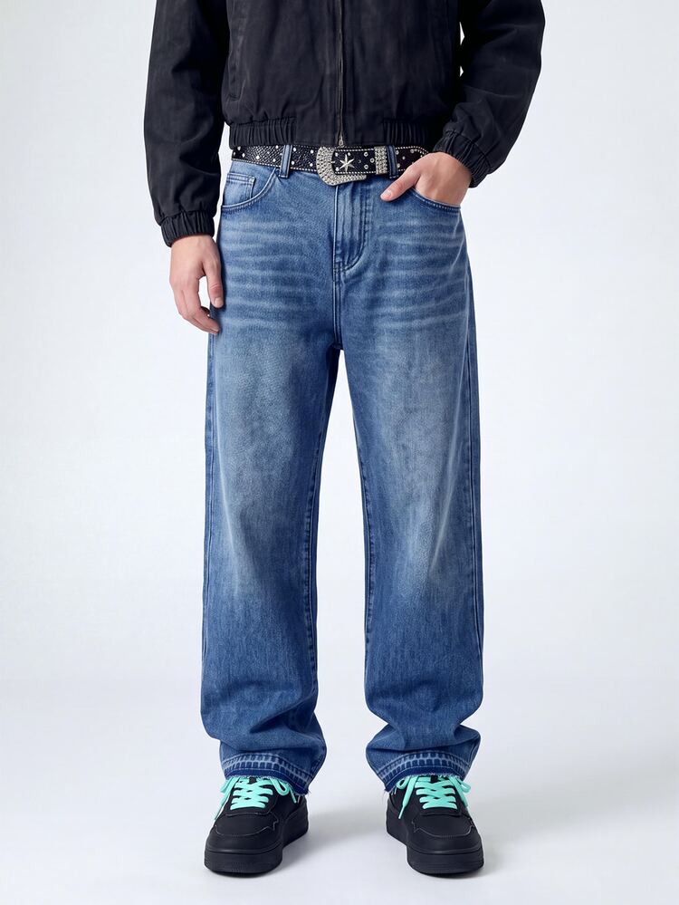 Manfinity EMRG Men's Casual Commuter Pants, Loose Straight Wide Leg Cement Gray Washed Design - Medium Wash - View 1
