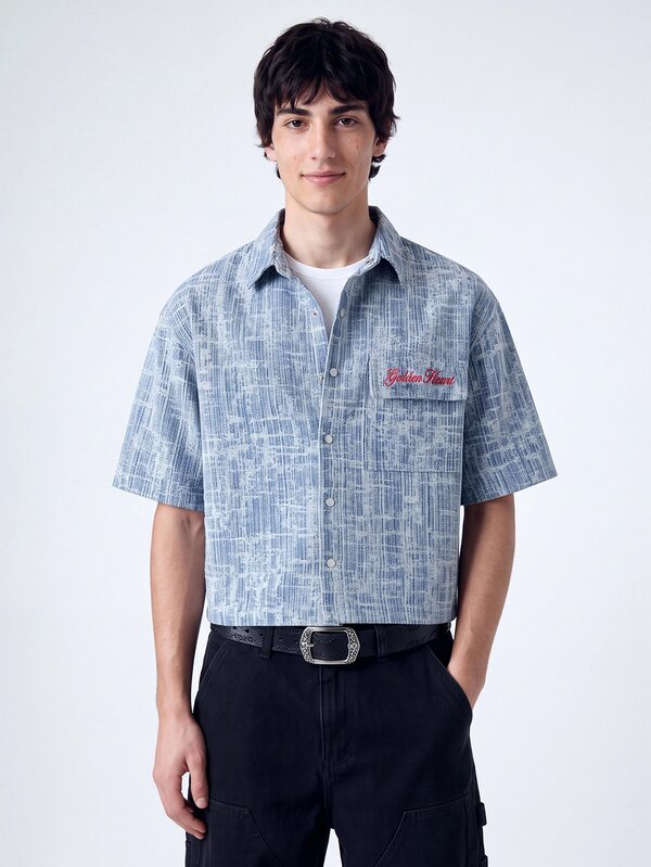 QuarKem Men's Casual Street Style Embroidered Jacquard Blue Denim Short Sleeve Shirt
