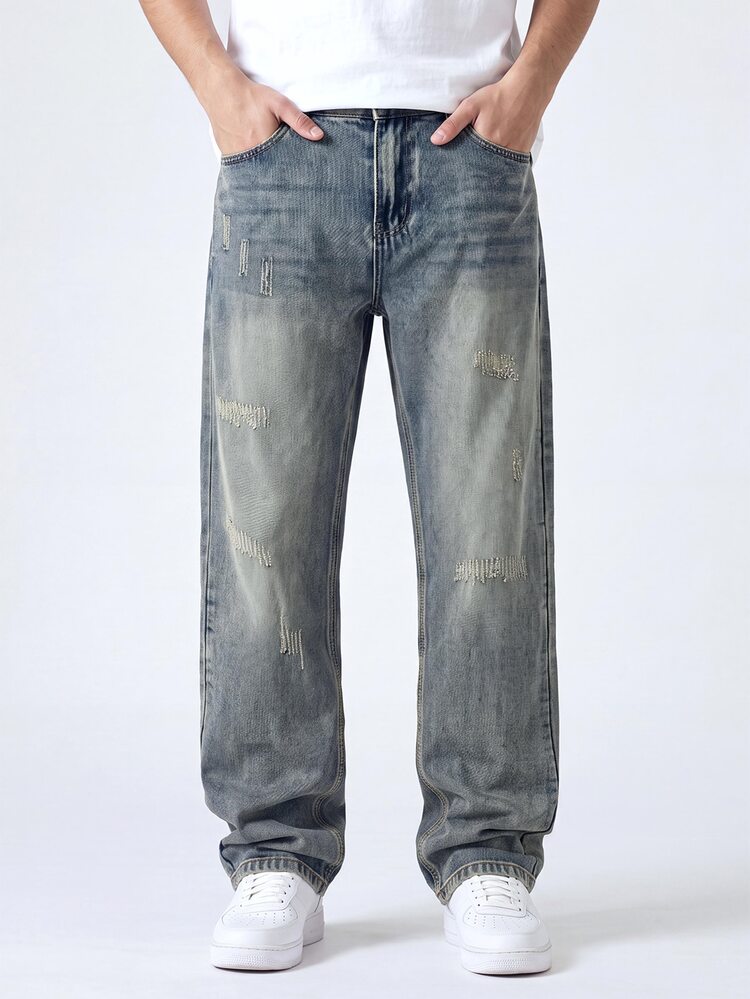 QuarKem Men's Retro Streetwear Vintage Washed Gray Denim Jeans, Casual Versatile Straight Leg Pants Holiday Summer - Medium Wash - View 3