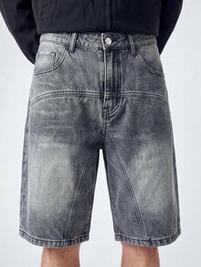 GALLERY FADE Men's Summer Patchwork Loose Denim Shorts, American Fashion Streetwear Versatile Wide Leg Shorts Grey, Holiday - Grey - View 4