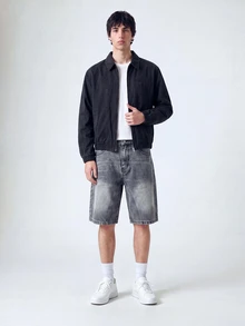 GALLERY FADE Men's Summer Patchwork Loose Denim Shorts, American Fashion Streetwear Versatile Wide Leg Shorts Grey, Holiday - Grey - View 5