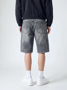 GALLERY FADE Men's Summer Patchwork Loose Denim Shorts, American Fashion Streetwear Versatile Wide Leg Shorts Grey, Holiday - Grey - View 2