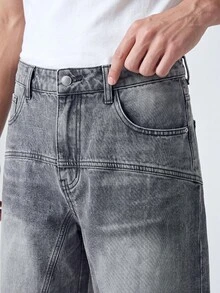 GALLERY FADE Men's Summer Patchwork Loose Denim Shorts, American Fashion Streetwear Versatile Wide Leg Shorts Grey, Holiday - Grey - View 3