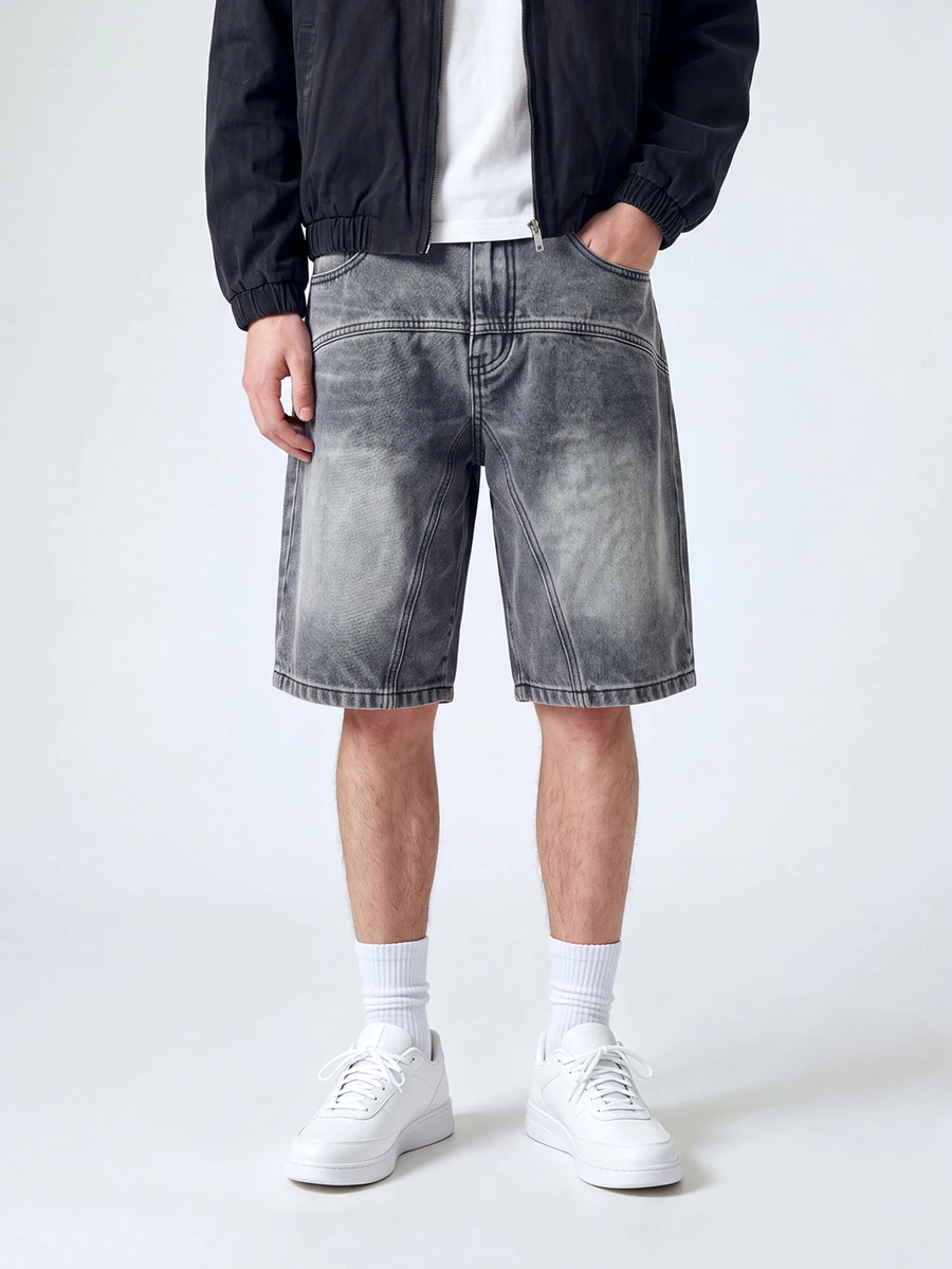 GALLERY FADE Men's Summer Patchwork Loose Denim Shorts, American Fashion Streetwear Versatile Wide Leg Shorts Grey, Holiday - Grey - View 1