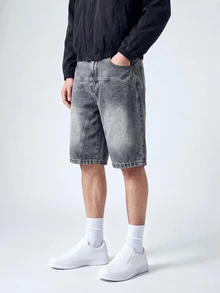 GALLERY FADE Men's Summer Patchwork Loose Denim Shorts, American Fashion Streetwear Versatile Wide Leg Shorts Grey, Holiday - Grey - View 6