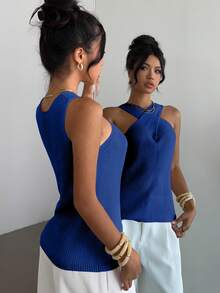 Selianne Cross-Neck Minimalist Niche Design Casual Knit Top - Blue - View 2