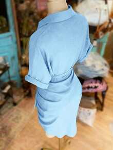SHEIN LUNE 翻领单排扣系腰短袖衬衫裙 - 淺藍色 - 查看 2