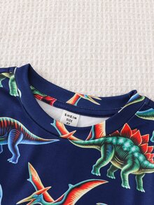 SHEIN Cartoon Cute Pattern Casual Minimalist Snug Fit Comfortable Round Neck Short Sleeve Pants Home Outfit, Suitable For Summer Children Pajamas Home Set - Multicolor - View 5