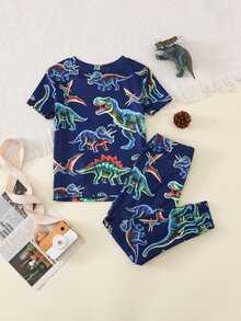 SHEIN Cartoon Cute Pattern Casual Minimalist Snug Fit Comfortable Round Neck Short Sleeve Pants Home Outfit, Suitable For Summer Children Pajamas Home Set - Multicolor - View 2