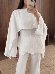 Solavon Women's Versatile Fashion Textured Shawl Style Arabic Outfit White Top - White - View 2