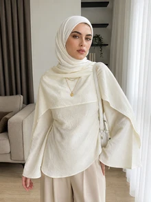 Solavon Women's Versatile Fashion Textured Shawl Style Arabic Outfit White Top - White - View 1