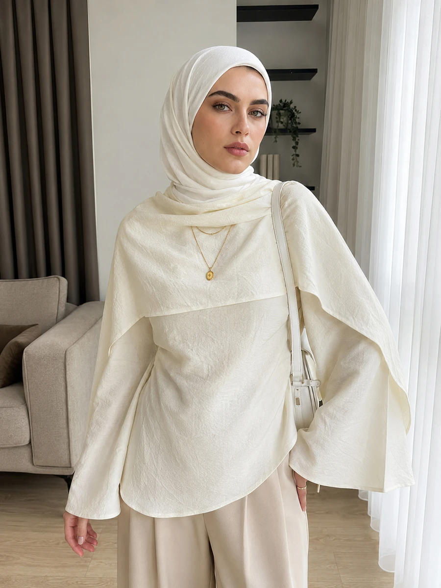 Solavon Women's Versatile Fashion Textured Shawl Style Arabic Outfit White Top - White - View 1
