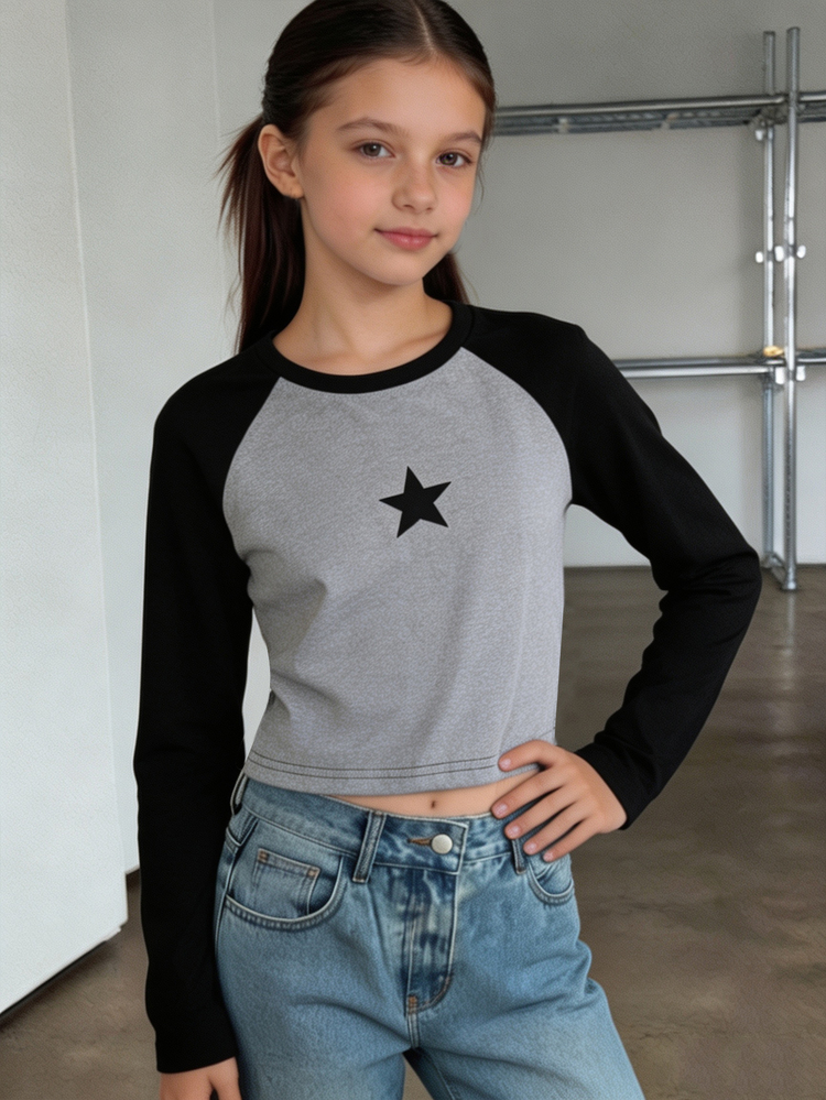 1 buah Kaos Lengan Panjang Gaya Jalanan Kasual Fashion Remaja Perempuan, Gaya Sekolah Elegan dan Imut, Motif Bintang Lima, Warna Hitam Musim Gugur - MultiWarna - View 3
