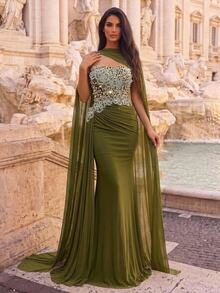 Glamrae Contrast Sequin Formal Dress With Choker - Coffee Brown - View 7