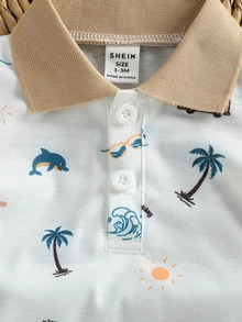 SHEIN 新生儿椰子树印花短袖上衣和短裤休闲日常穿搭 - 棕色 - 查看 8