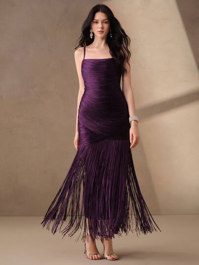 Anewsta Women's Spring/Summer Spaghetti Strap Tassel Bandage Dress, Elegant Party Dress For Banquet And Birthday Party