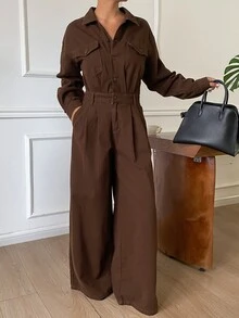 DAZY Overall dan Jumpsuit Denim Kasual Urban Wanita yang Mengencangkan Pinggang untuk Musim Gugur - Coklat - View 4